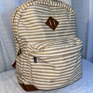 Extra Large Backpack~Tan & White Striped~Leather Canvas Dome~Wild Fable